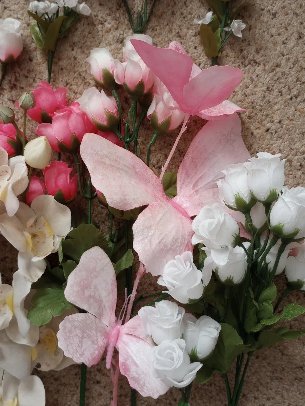 Huge Lot Of Artificial / Faux Flowers Florals Pink White Roses Butterflies